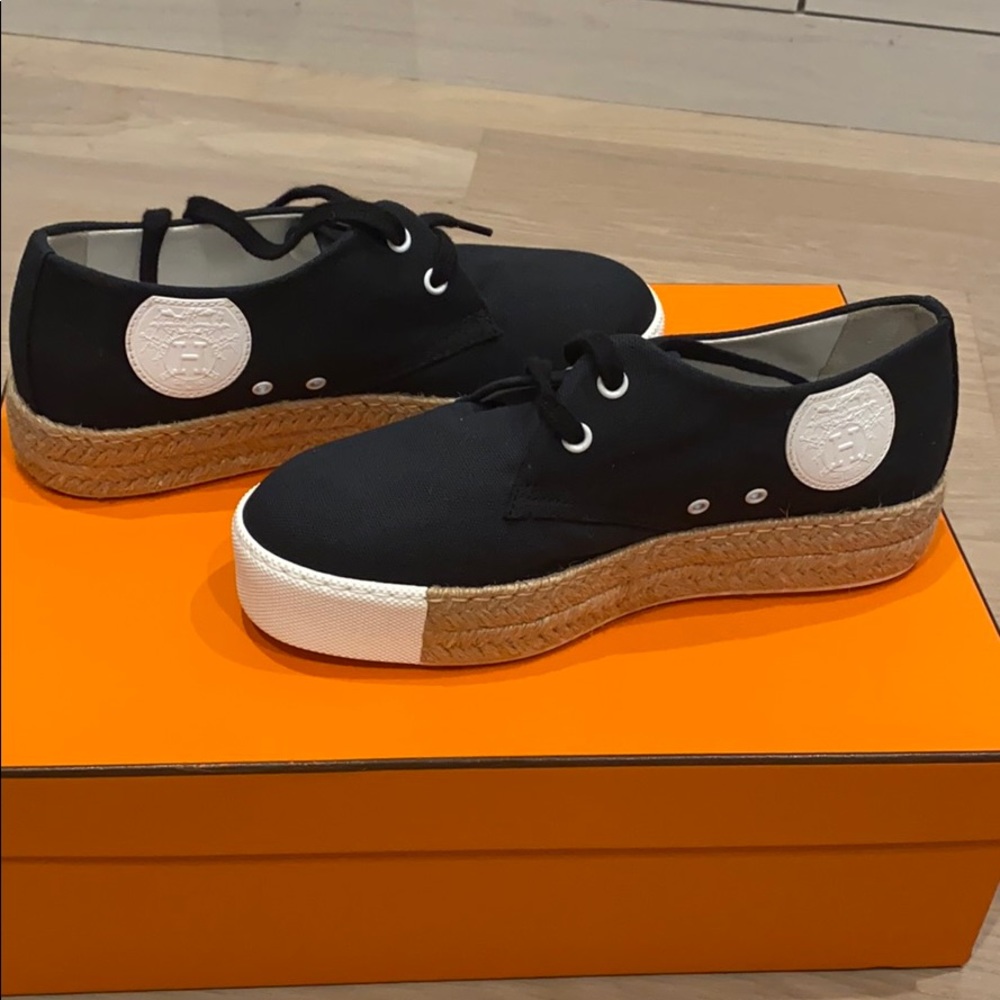 Hermès Rosa Black canvas espadrille sneakers 6.5